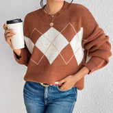 Einfacher Pullover mit Farbkontrast-Patchwork-Diamantgitter